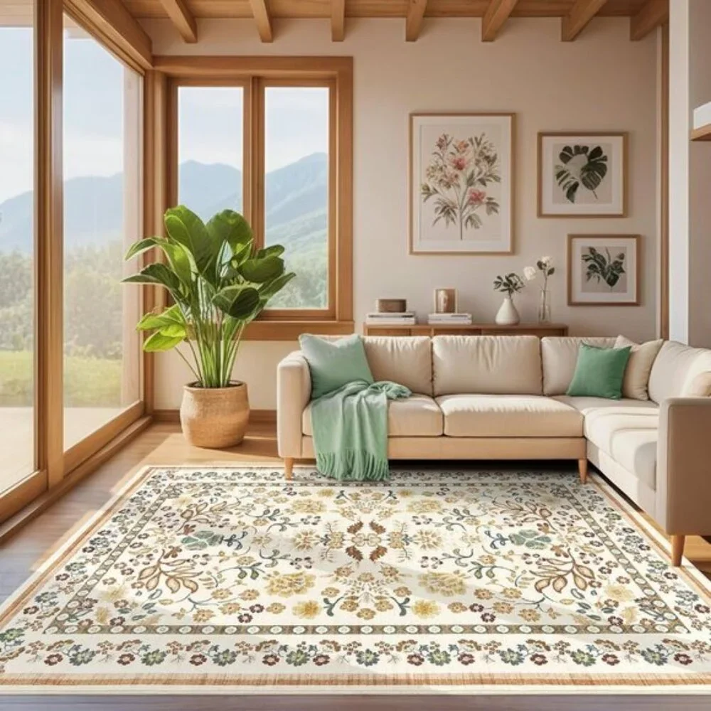 New 5x7 Brown Boho Area Rug, Washable Vintage Floral Non-Slip Low Pile Carpet